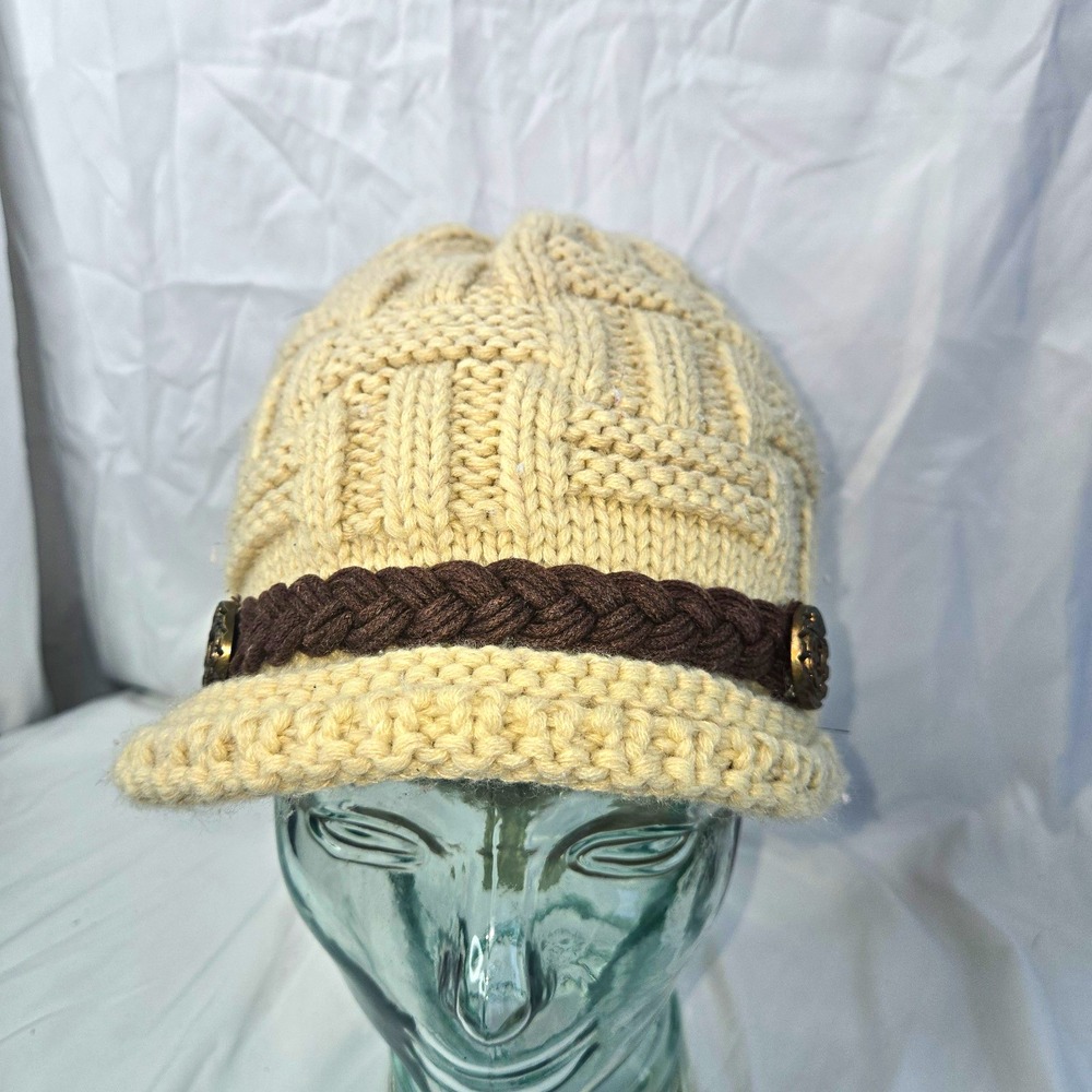 Ivory Wool Knit Beanie Hat Brown Braided Band Button Accent OS